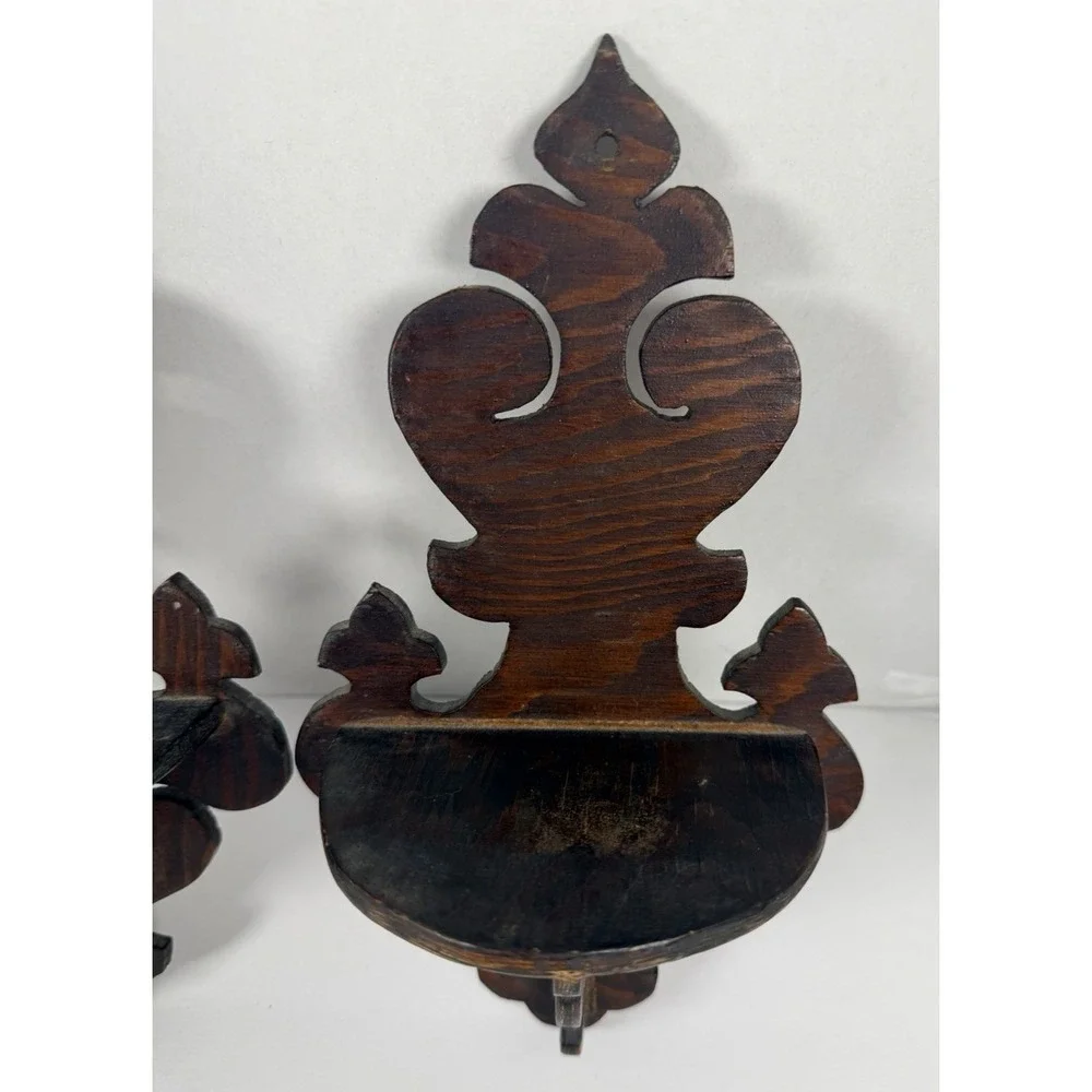 VTG Handmade Wooden Wall Shelf Pair Scroll Cut Hanging Display